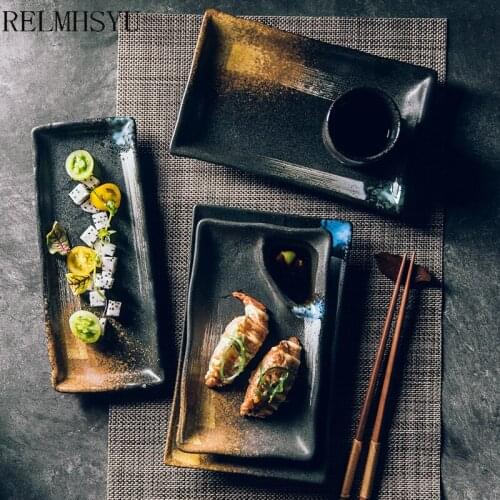1PC RELMHSYU Japanese Style Ceramic Porcelain Retro Rectangular Sushi Dumpling Dessert Flat Dinner Plate Home Tableware