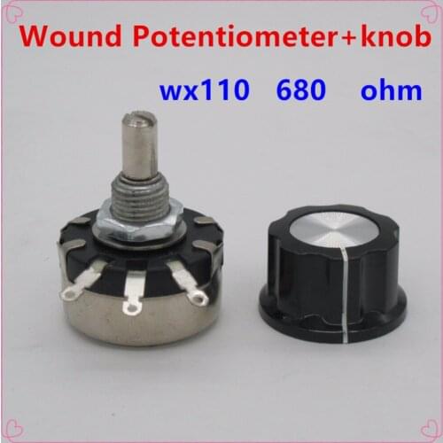 5pcs WX110(010) 680 ohm 3 Soldering Terminals 6mm Round Metal Shaft Single Turn Wire Wound Potentiometer+knob