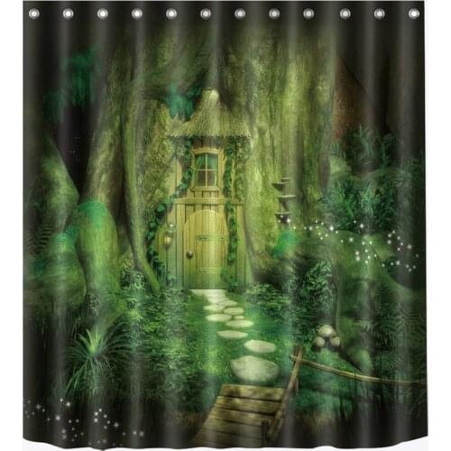 72'' Bathroom Waterproof Fabric Shower Curtain Polyester 12 Hooks Bath Accessory Sets Wooden Door Closed Stones Road Halloween