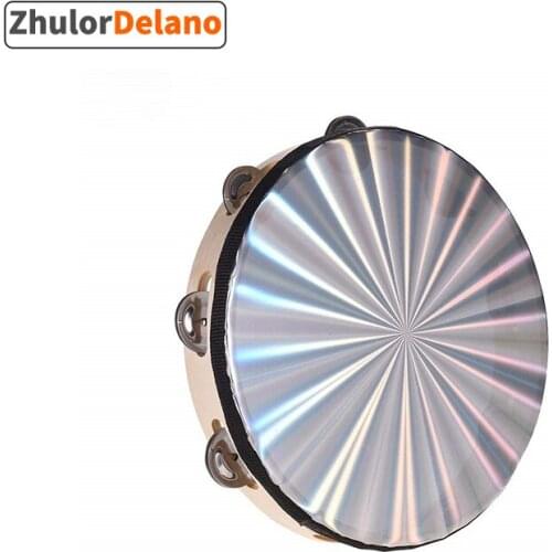 BeatBox 6/8/10 Inch Wooden Radiant Tambourine Handbell Hand Drum with Single Row Jingles Reflective Drum Head Percussion Instrum
