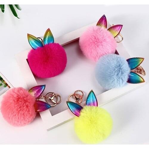 Fashion Pompom Pendent Keychain Key Ring Plush Keyring Handbag Charms Cute Rabbit Ears Key Holder Girl Women Gift Accessories