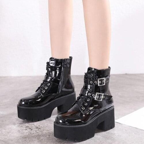 Black Platform Boots Women Boots Winter Leather Martin Boots Lace Up Ankle Boots Motorcycle Thick Heel Platform High Heel LJB244