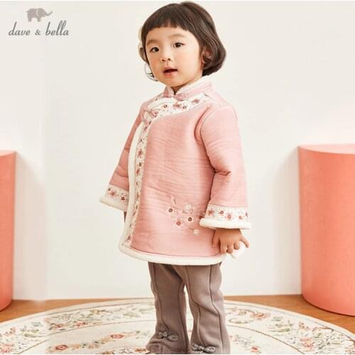 DBJ11909-1dave bella winter baby girls cute embroidery floral zipper coat children tops fashion infant toddler outerwear