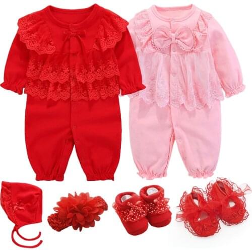 Newborn Baby Girl Clothes Lace Jumpsuits & Hats Clothing Sets Princess Girls Fall Spring Pink Romper Baby Girl Socks 3 6 9 Month