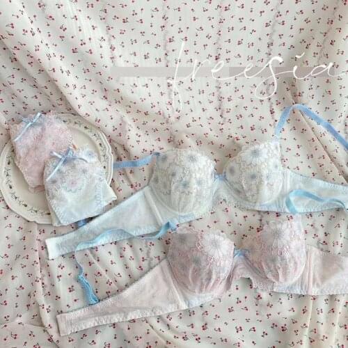 Girls push up comfortable molded cups lingerie panties suit gathered side up embroidered lace womens bra set sweet underwear