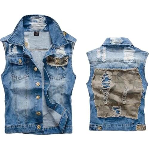 Mens Denim Vest Male Five-Pointed Star Letter Outerwear Patchwork Denim Jacket Plus Size Ripped Vests