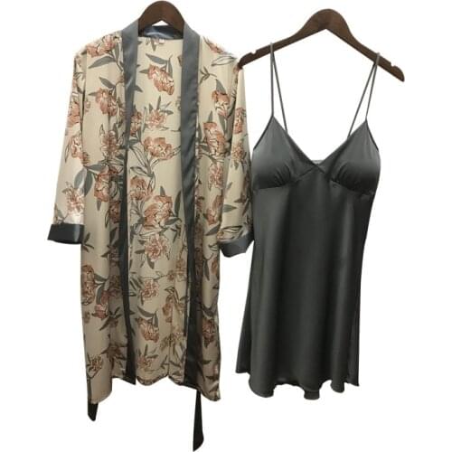 Print Homewear Kimopno Gown Ice Silk Sexy Women Robe Set Spaghetti Strap With Chest Pad Nightgown Plus Size Women Cardigan