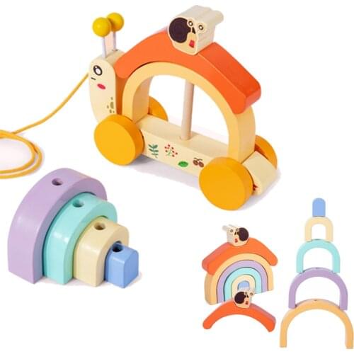 Montessori Parent-Child Interactive Educational Toys Toddler Drag Snail Car Stacking Game Rainbow Jenga Building Block Car Toy