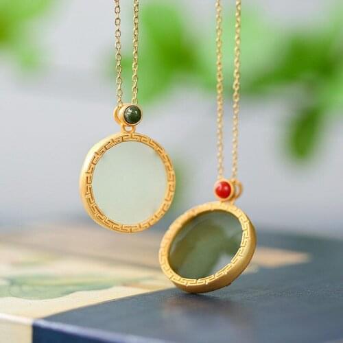 New Silver Inlaid Natural Hetian Biyu Round Necklace Pendant Simple Light Luxury Chinese Style Ladies Brand Jewelry