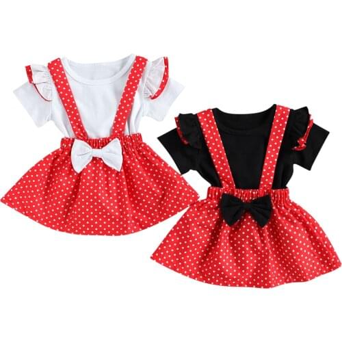 Toddler Girls Summer Outfits Ruffle Fly Sleeve T-shirt Tops + Bowknot Polka Dots Suspender Skirt 2 Piece Clothes Sets