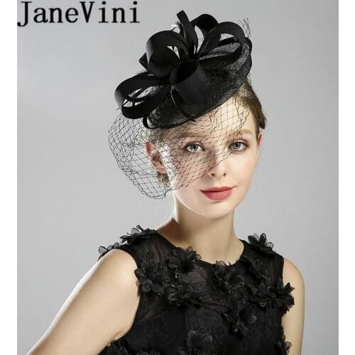 JaneVini Hot Selling Bridal Net Feather Hats Black Feathers Birdcage Veil Western Boda Ladies Fascinator Wedding Bride Hats 2019