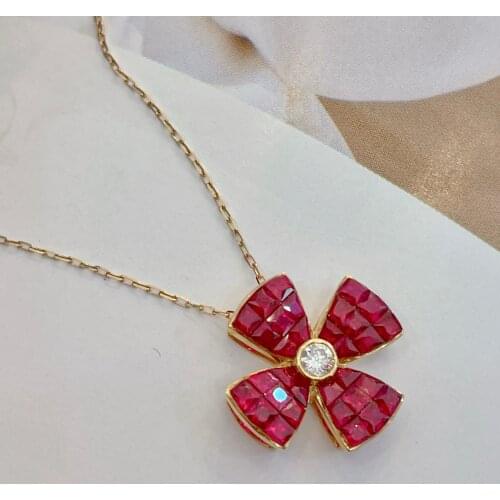 LR716 Solid 18K Gold Diamond Nature Flower Red Ruby 2.18ct Gemstones Females Classic Diamonds Jewelry Necklaces