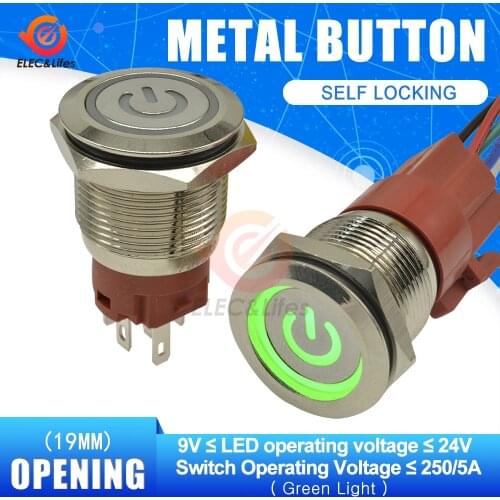 AC 250V 5A 19MM Momentary Latching Metal Push Button Switch with red/green/blue Led indicator Self-locking push button switch