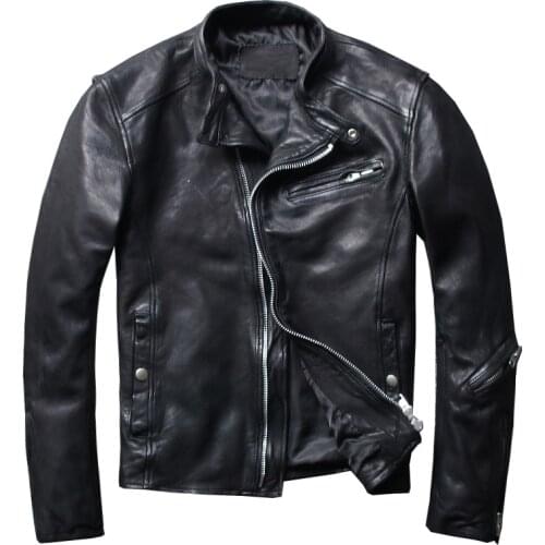 New 2021 Mens Genuine Sheepskin Motorcycle Leather Jacket Sheepskin Soft Jacket Slim Black Moto Biker Fashion Mens Jacket Coat