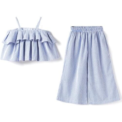 New Kids' Stripe Two Piece Set, Sleeveless Flounced Crop Tops High Waist Loose Pants for Summer