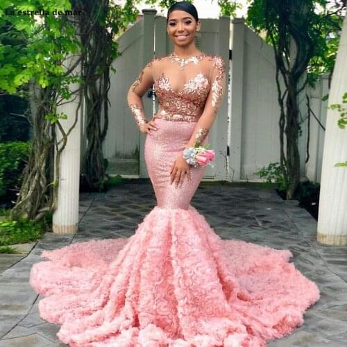 Pink Long Sleeves Black Girls Prom Dress Mermaid Formal Pageant Holidays Wear Graduation Evening Party Gown Custom Made Plus