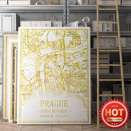 Prague Czech Republic Gold Foil Line Map Art Poster, Ins Nordic City Map Street Art Prints, Modern Simple Line Map Decor Mural