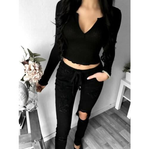 Sexy Women V-NECK Solid Black Brief Long Sleeve Knitted Pencil Slim Soft Sweater Blouse Tops
