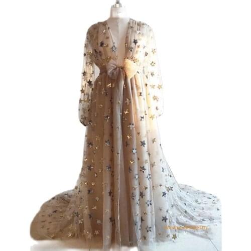 Bling Star Sequins Maternity Dresses with Bow Tulle Champagne Maternity Gown for Photoshoot Lingerie Bathrobe Nightwear Babydoll