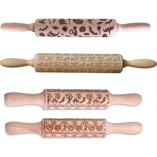 Pumpkin Hat Rolling Pins Halloween Embossed Roll Pins Wooden Baking Biscuit Face Cake Dough Cake Roller Kitchen Decoration Acces