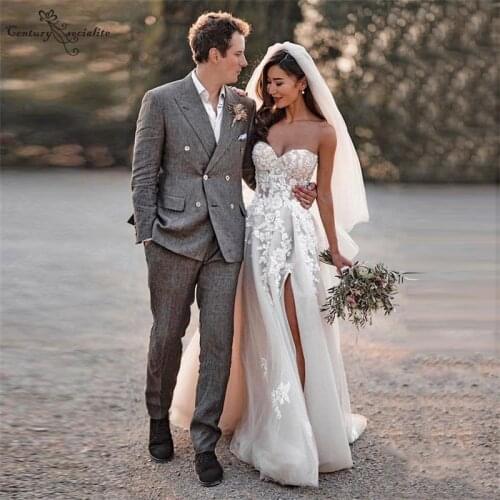 Vestido De Noiva Boho Wedding Dresses 2020 with Slit Lace Applique A-Line Strapless Lace Up Beach Bridal Gowns Robe De Mariee
