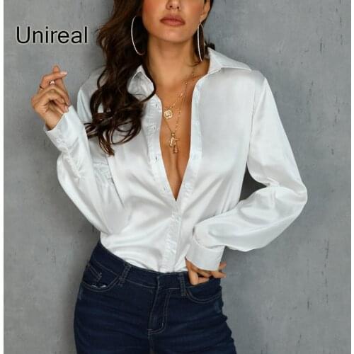 Unireal 2021 Spring Summer Women White Satin Shirt Blouse Long Sleeve Casual Female Blouse Shirt Sexy Tops