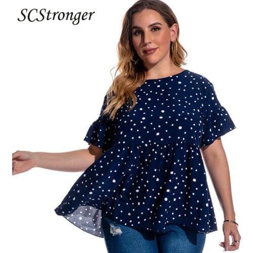 SCSTRONGER Spring Womens Top TShirt Polka Dot Flared Sleeve Short Sleeve Plus Size Womens Chemisier Femme Grande Taille