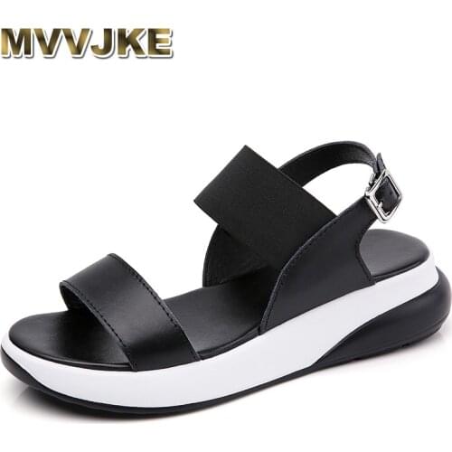 MVVJKE Shock Absorption Sandals Women Cowhide Wedges Summer Flat Sandals Ladies Comfortable Non-slip Shoes Black Size 35-40