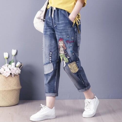 Women Summer Fashion Cartoon Patchwork Elastic Waist Drawstring Denim Jeans Office Lady Large Loose Harem Ankle Length Pants