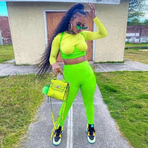 Women Sexy Patchwork Halter Backless Long Sleeve Crop Tops +Neon Green High Waist Skinny Pencil Leggings Pants 2021 Autumn Set