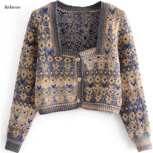 Autumn Spring Floral Knitted Tops Ladies Long Sleeve Elegant Short Sweater Women Fashion Cardigan Sweater Jumper 2021