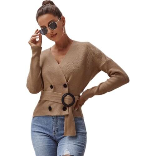 European American Autumn Winter Hot-Selling Womens Fashion Double-Breasted Waist V-Neck Long-Sleeved Knitted Sweater