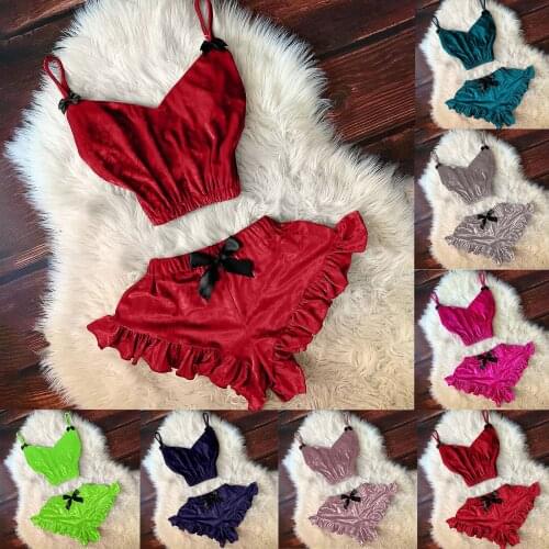 2021 Women Sexy Lingerie Velvet Two Piece Set Exotic Apparel V Neck Bra Tops Ruffle Thong Panties Nightwear Conjoined Underwear