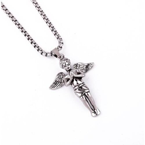 1PC Men Punk Rock Angel Pendant Choker Necklace Women Jewelry Hip Hop Vintage Stainless Steel Metal Color Baby Cupid Necklace