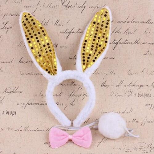 Women Girls Plush Bunny Long Ears Sequin Headband Bow Tie Tail Cosplay 3pcs Set Dress Up Party Favor Gift Christmas Halloween