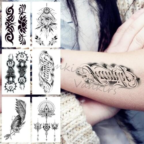 Black Letter Temporary Tattoos Small For Women Neck Girls Realistic Lamp Feather Henna Lace Fake Tattoo Sticker Arm Body Tatoos