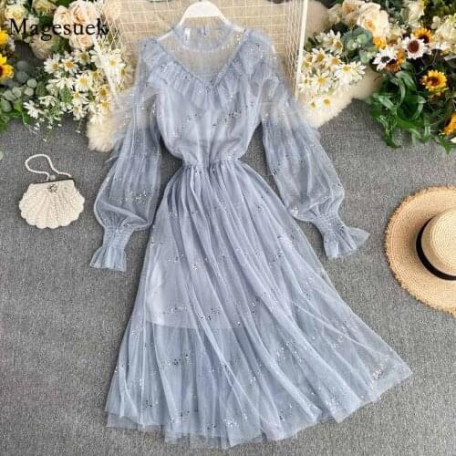 French Sequined Ruffled Thin Voile Dress Long Lantern Sleeve Elastic Waist Slimming Mid-length Pullover Stand Collar Dress 12042