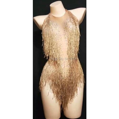 Sparkly Tassel Bodysuit Rhinestone Outfit nightclub bar party girl women Dance Wear Singer Stage Leotard