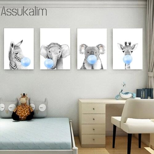 Elephant Giraffe Print Bubble Animals Poster Nursery Wall Art Canvas Painting Nordic Wall Pictures Kids Baby Room Decoration