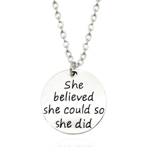 Classic Round Pendant Necklace Lettering"She Believed She Could So She Did"Charm Inspirational Simple Necklaces For Women