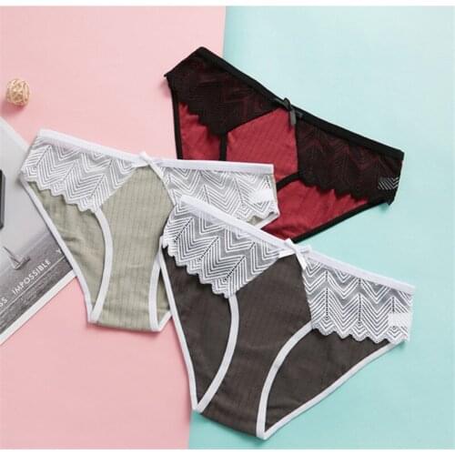 3PCS Cotton Panties Sexy Briefs Lace Women Underwear Solid color Lingerie Ladies for Female Hot Sale Pantys