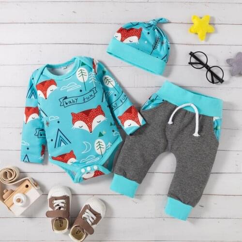 FOCUSNORM 0-12M Newborn Baby Boys Girls 3pcs Clothes Sets Cartoon Animal Printed Long Sleeve Romper Pants Hats
