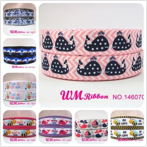 Q&N ribbon 7/8inch 22mm whale on pink chevron webbing printed grosgrain ribbon 50yards/roll for headband hair tie