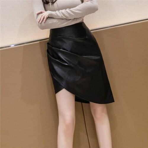 Summer Ladies Mid-Length Elegant Sexy Asymmetrical High-Waist Hip-Wrapped Slim Leather Skirt Korean Fashion Clothing A165