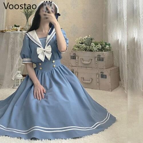 Japanese Girls Sweet Sailor Collar Patchwork JK Uniform Dress Women Preppy Style Bow Short Sleeve Party Dresses Elegant Vestidos