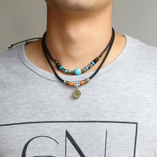 Multi-layer Turquoise Pendant Necklaces For Men WomenVintage Ethnic Braided Rope Chain Necklace Fashion Art Jewelry
