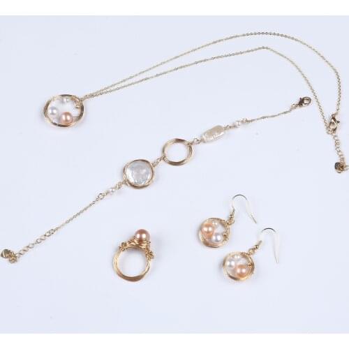 Fashion women real freshwater pearl brass copper gold plate jewelry set