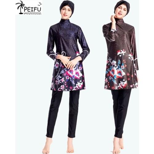 PEIFU 2020 New Women Printing Floral Muslim Swimwear Hijab Muslimah Islamic Swimsuit Swim Surf Wear Sport Burkinis