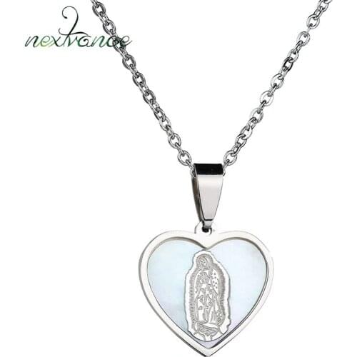Nextvance Charm Virgin Mary Shell Love Heart Pendant Necklace Stainless Steel Christian Couple Amulet Jewelry for Women Men Gift