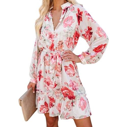 Autumn Stylish Floral Print Lace-up Dress Women Mini Dress Slim for Office